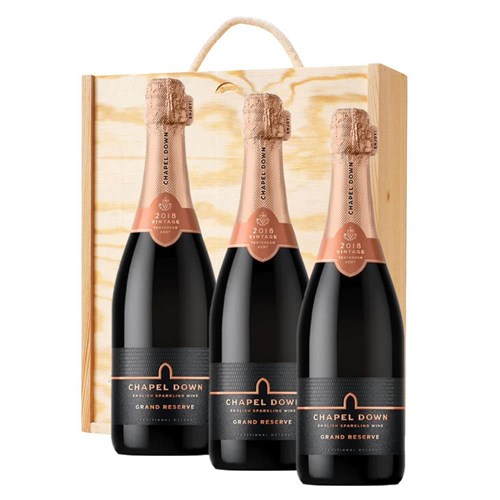 Chapel Down Grand Reserve Brut English Sparkling 75cl Treble Pine Wooden Gift Boxed (3x75cl)